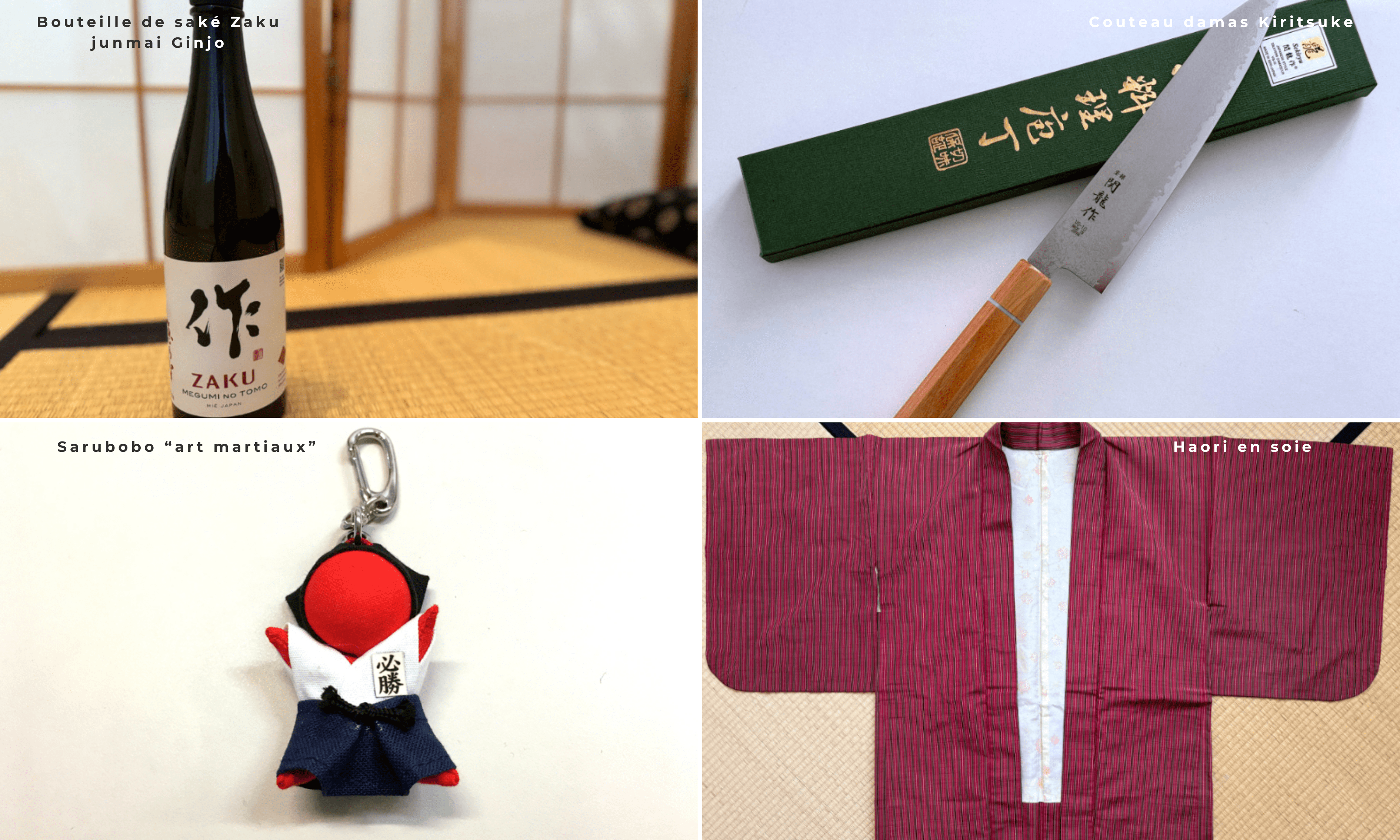 Sélection de cadeaux japonais pour homme : bouteille de saké junmai Ginjo, couteau de cuisine damas Kiristuke, porte-bonheur Sarubobo et Haori en soie