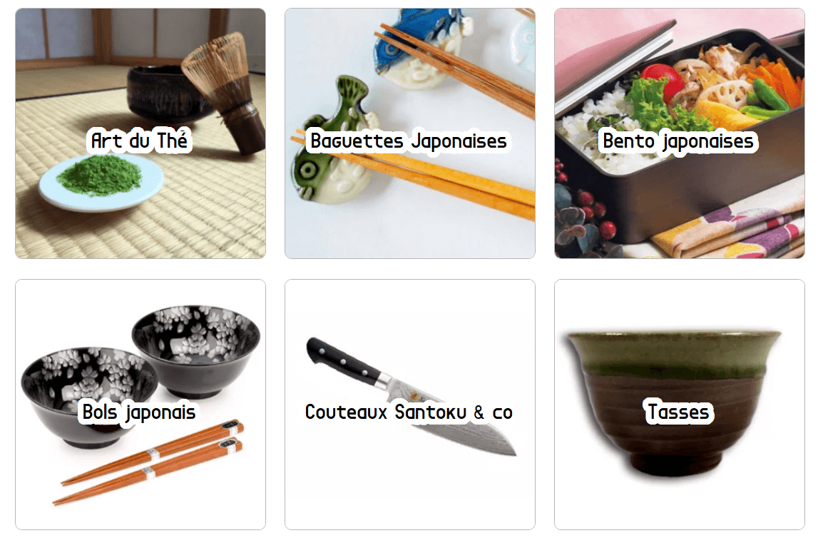 Sélection de cadeaux japonais pour les amoureux de cuisine japonaise : vaisselle pour le thé, baguettes japonaises, bento, bols japonais, couteaux santoku et couteaux de cuisine et tasses japonaises