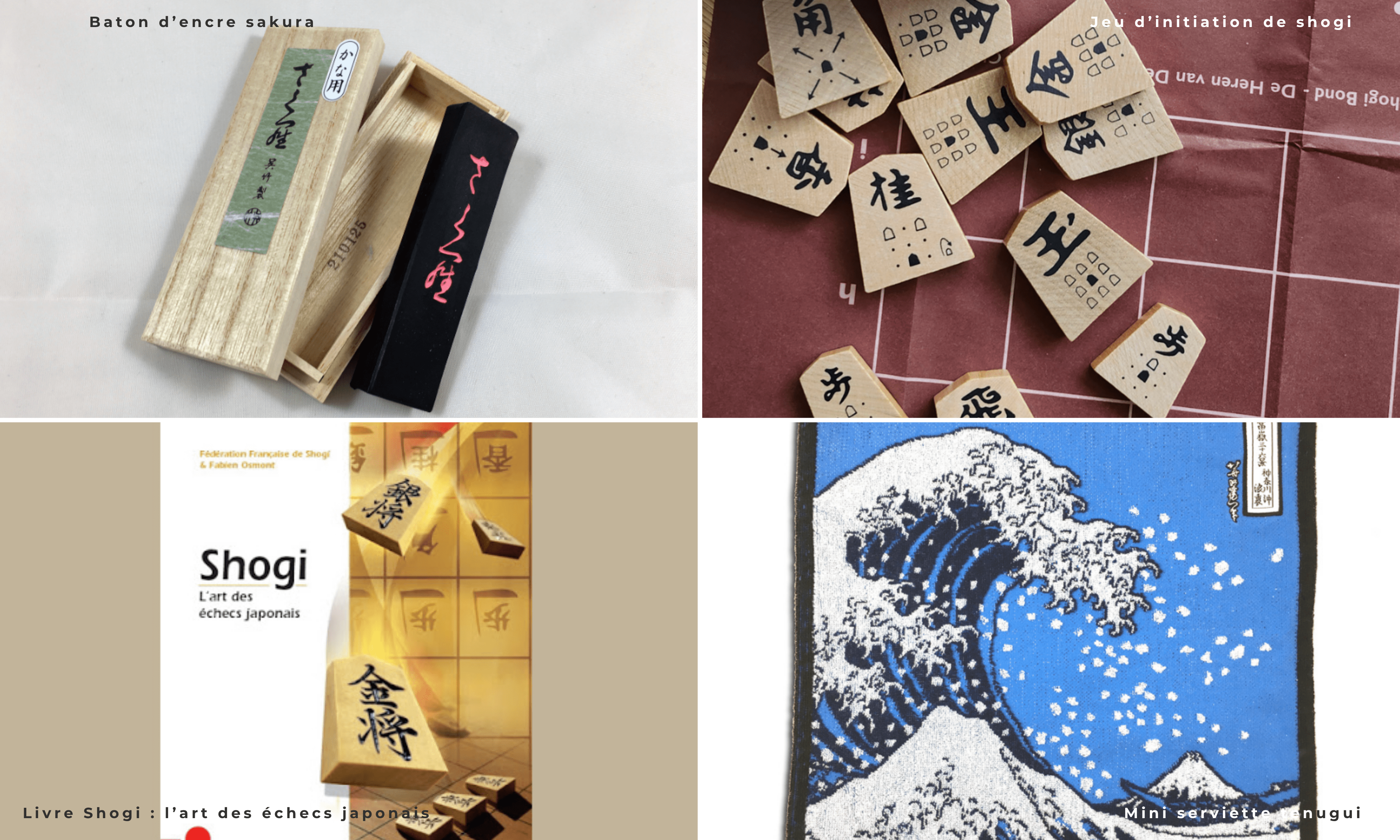 Sélection de cadeaux japonais pour les amoureux de culture japonaise : un bâton d’encre pour la calligraphie japonaise, un jeu de shogi d’initiation, un livre sur le shogi et un tenugui avec la grande vague de Kanagawa
