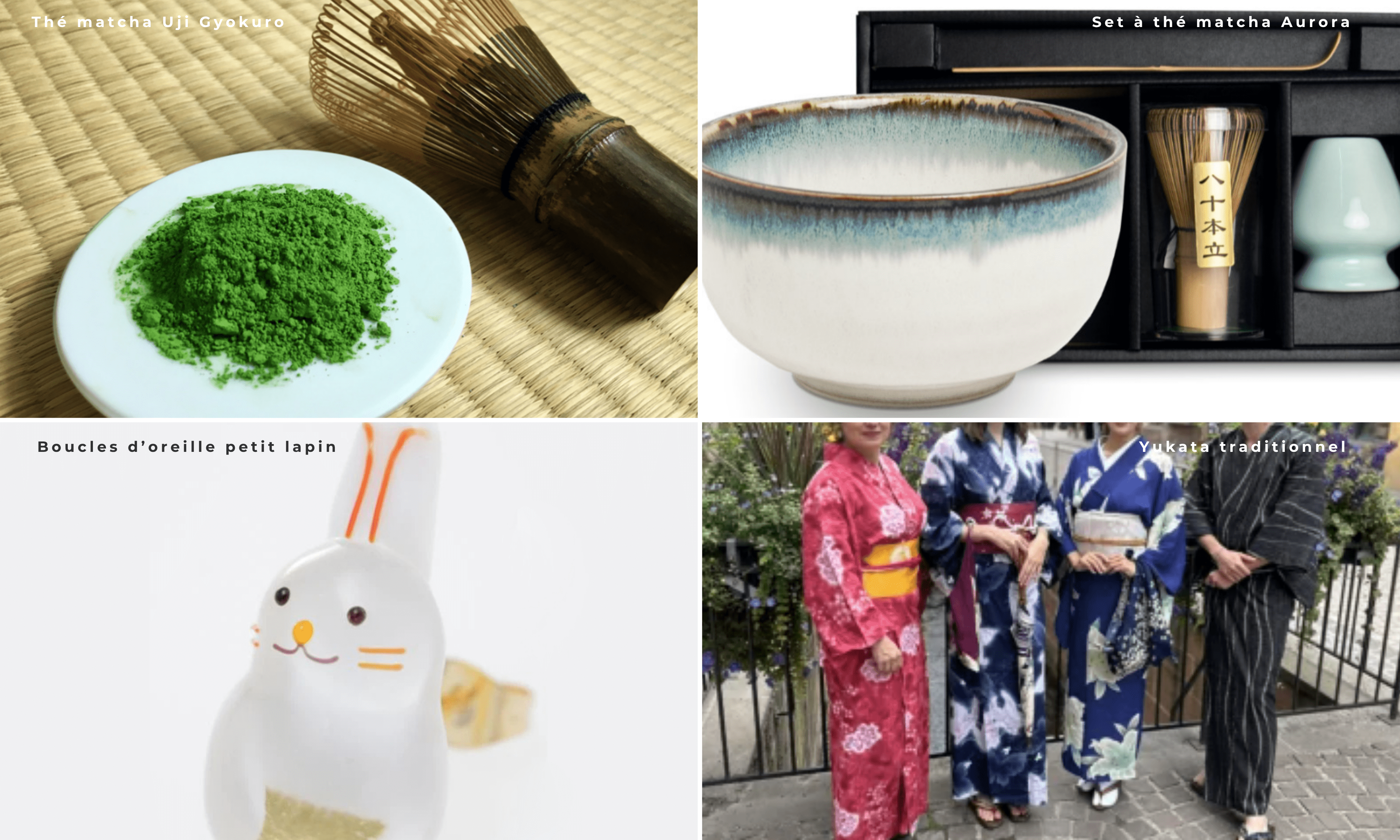 Sélection de cadeaux japonais pour femme : thé matcha, set à thé matcha, boucle d’oreille petit lapin et yukata traditionnel