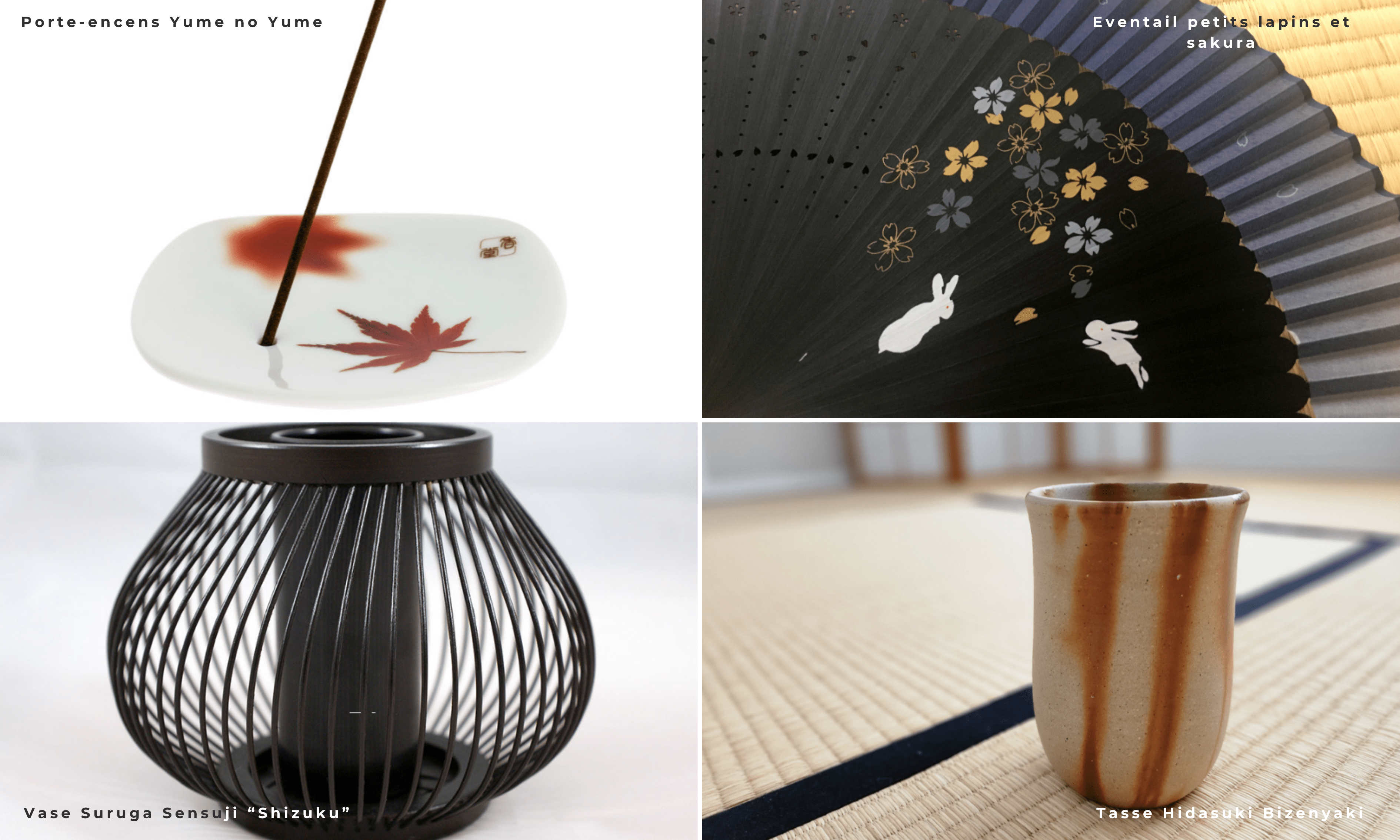Sélection de cadeaux japonais fabriqués par des artisans à la main : un porte-encens Yume no Yume, un éventail petits lapins et fleurs de sakura, un vase en bambou noir suruga sensuji et une tasse en céramique de Bizen