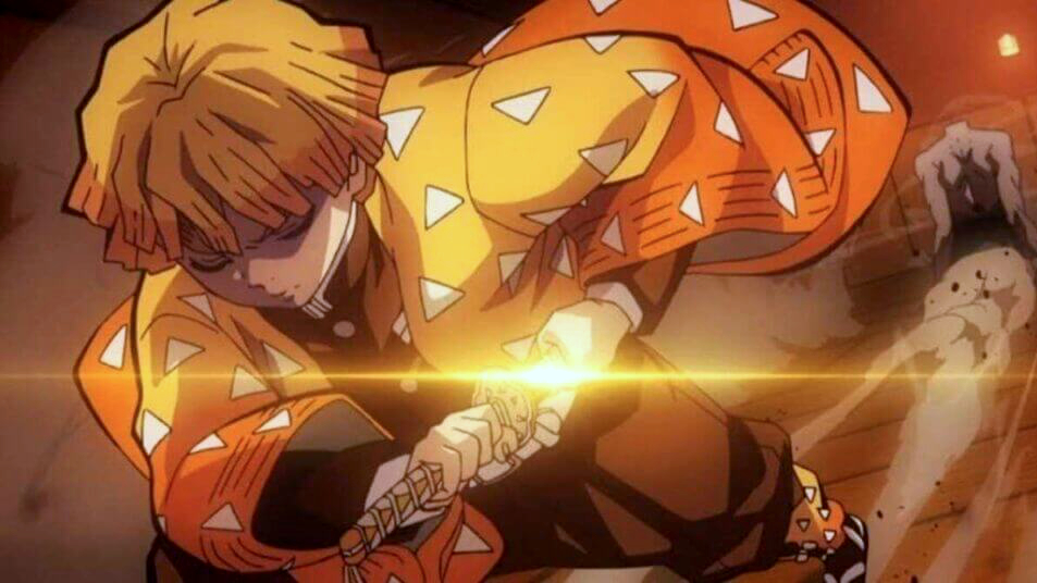 Demon Slayer: Kimetsu no Yaiba - Zenitsu et son kimono jaune au motif Uroko - source demon-slayer.fr