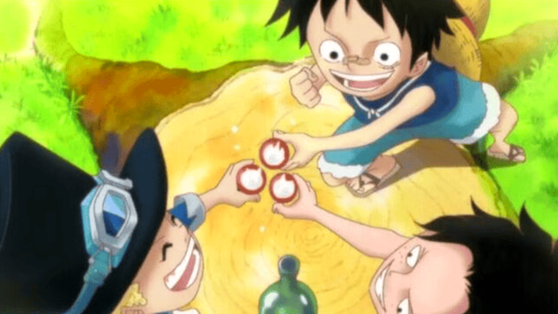 Sabo, Ace et Luffy du manga One Piece buvant du sak&eacute; dans des sakazuki &mdash; source&nbsp;: seriously