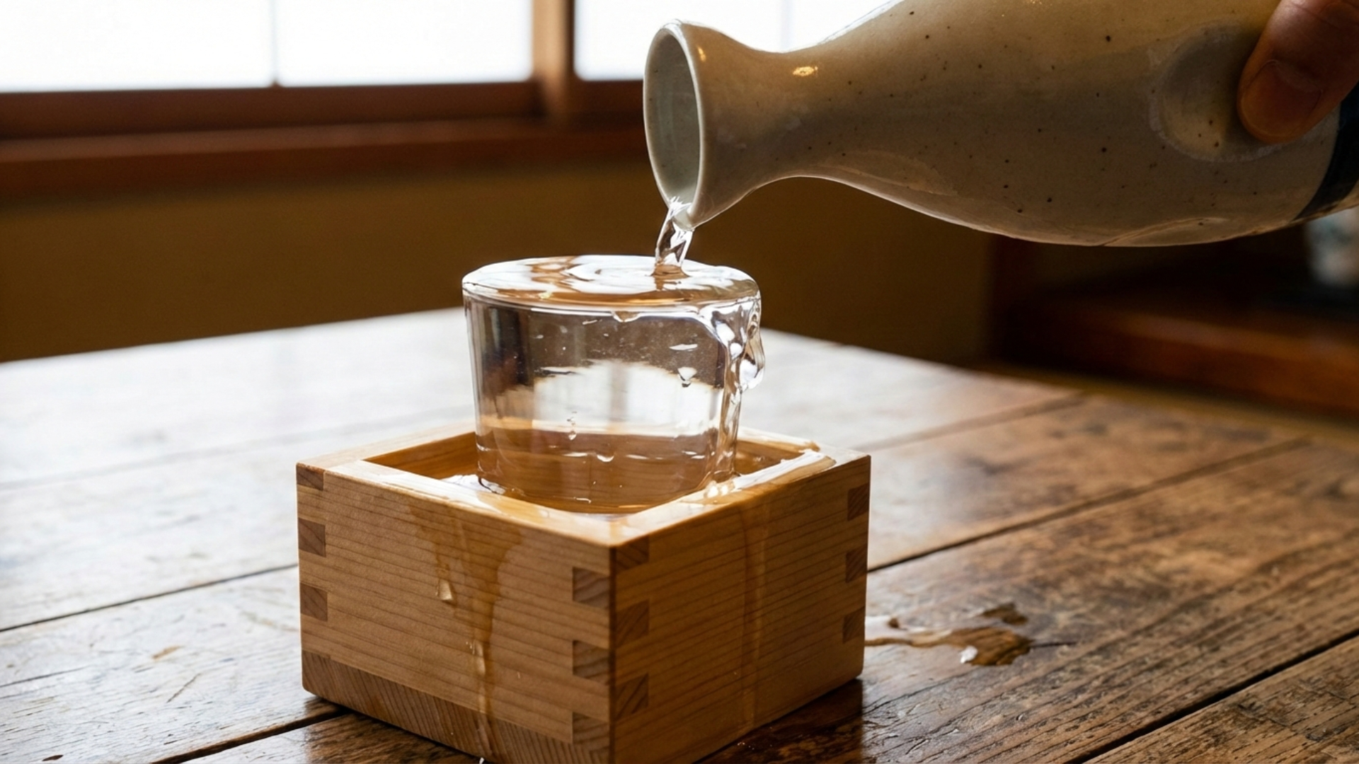 sak&eacute; servi dans un masu en bois de hinoki suivant e rite du mokkiri