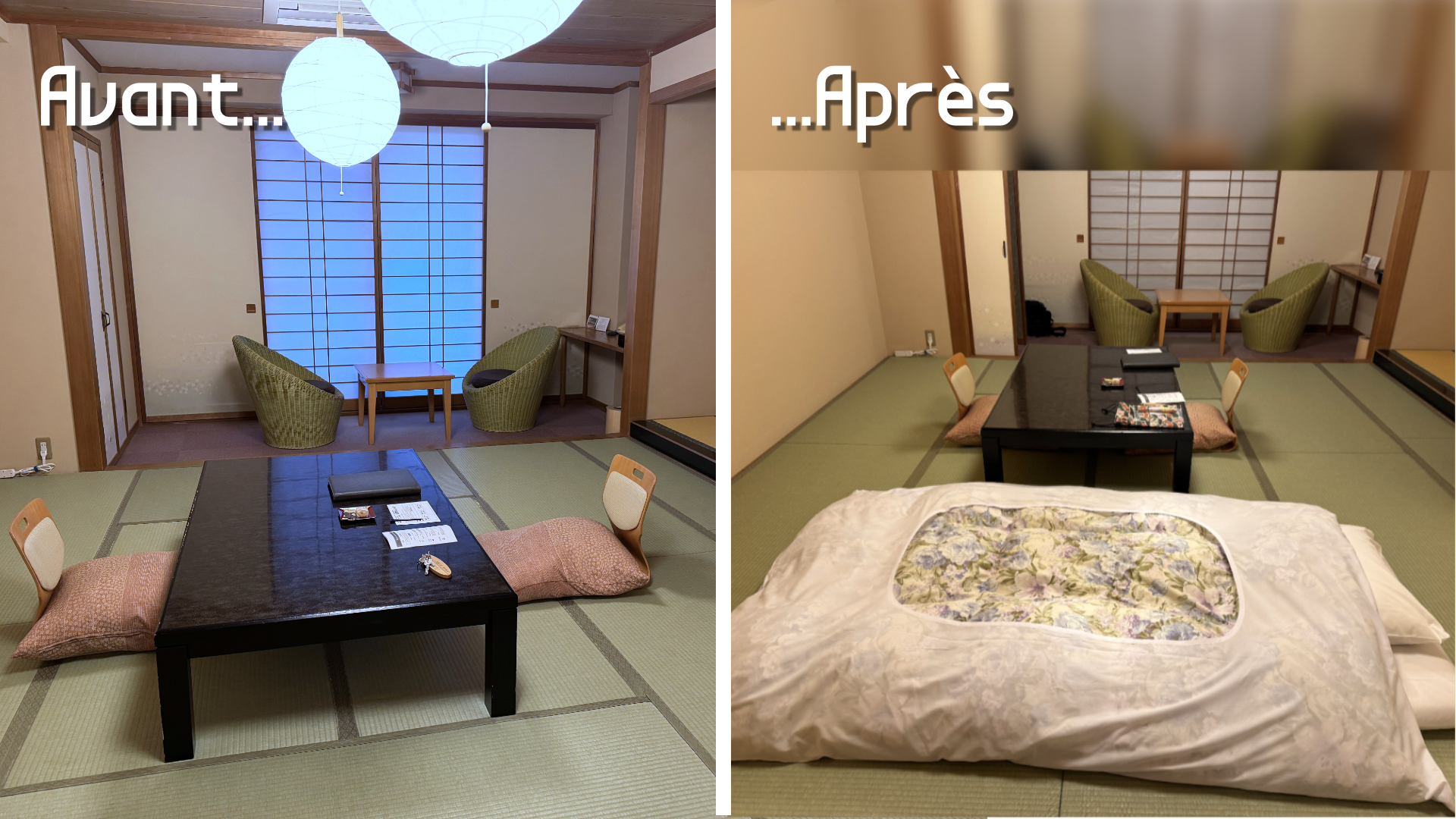 Vue d'une chambre de ryokan sans, puis avec futon traditionnel japonais