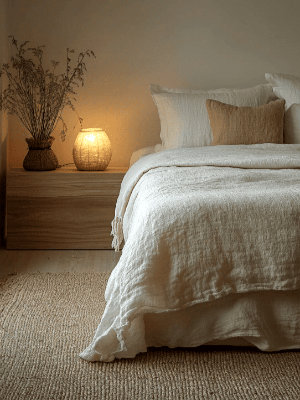 Chambre style japandi avec un lit recouvert de linge de lit en lin, un tapis en jute et une lampe de chevet en rotin - source thetrophywifestyle