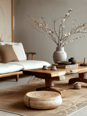 Salon au style japandi avec des mat&eacute;riaux bruts comme la table basse en bois ou le canap&eacute; en structure bambou - source quietminimal