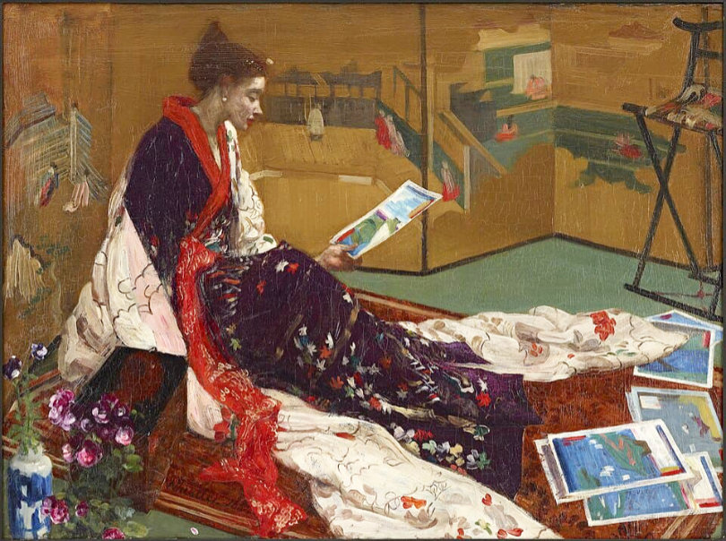 &OElig;uvre de James McNeill Whistler, &ldquo;Caprice en violet et or&rdquo;, une femme assise v&ecirc;tue d&rsquo;un kimono contemplant des affiches, &oelig;uvre japoniste inspir&eacute;e des codes de l&rsquo;art japonais &mdash; source Wikip&eacute;dia