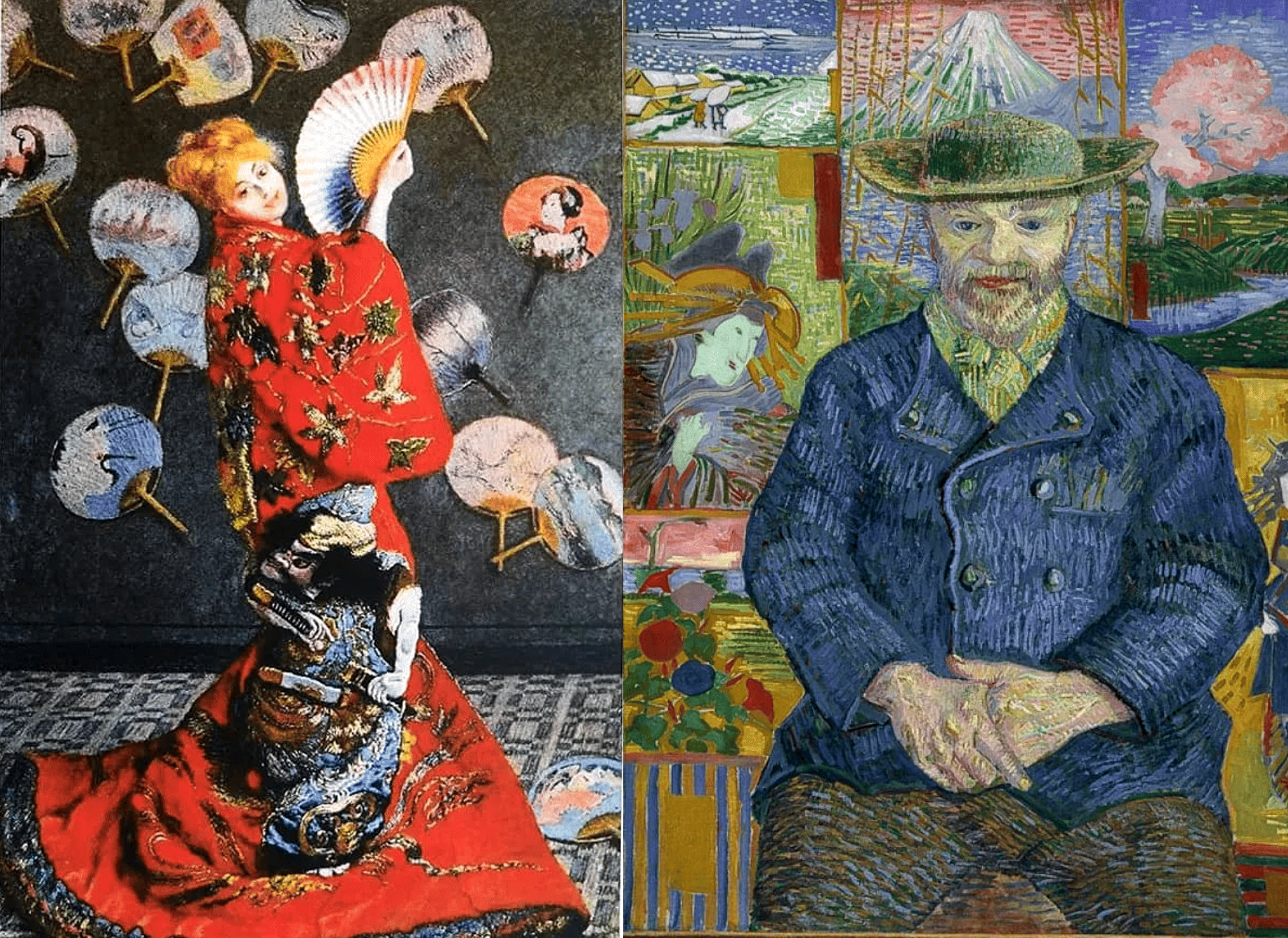 &Agrave; gauche la Japonaise de Monet, et &agrave; droite, le P&egrave;reTanguy de Van Gogh, deux &oelig;uvres majeures du courant japonisme