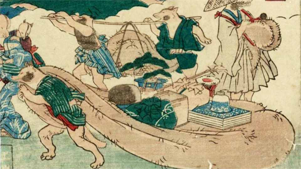 Tanuki, le yokai chien viverrin - extrait d'une estampe de Utagawa Kuniyoshi : "Tanukis en voyage"