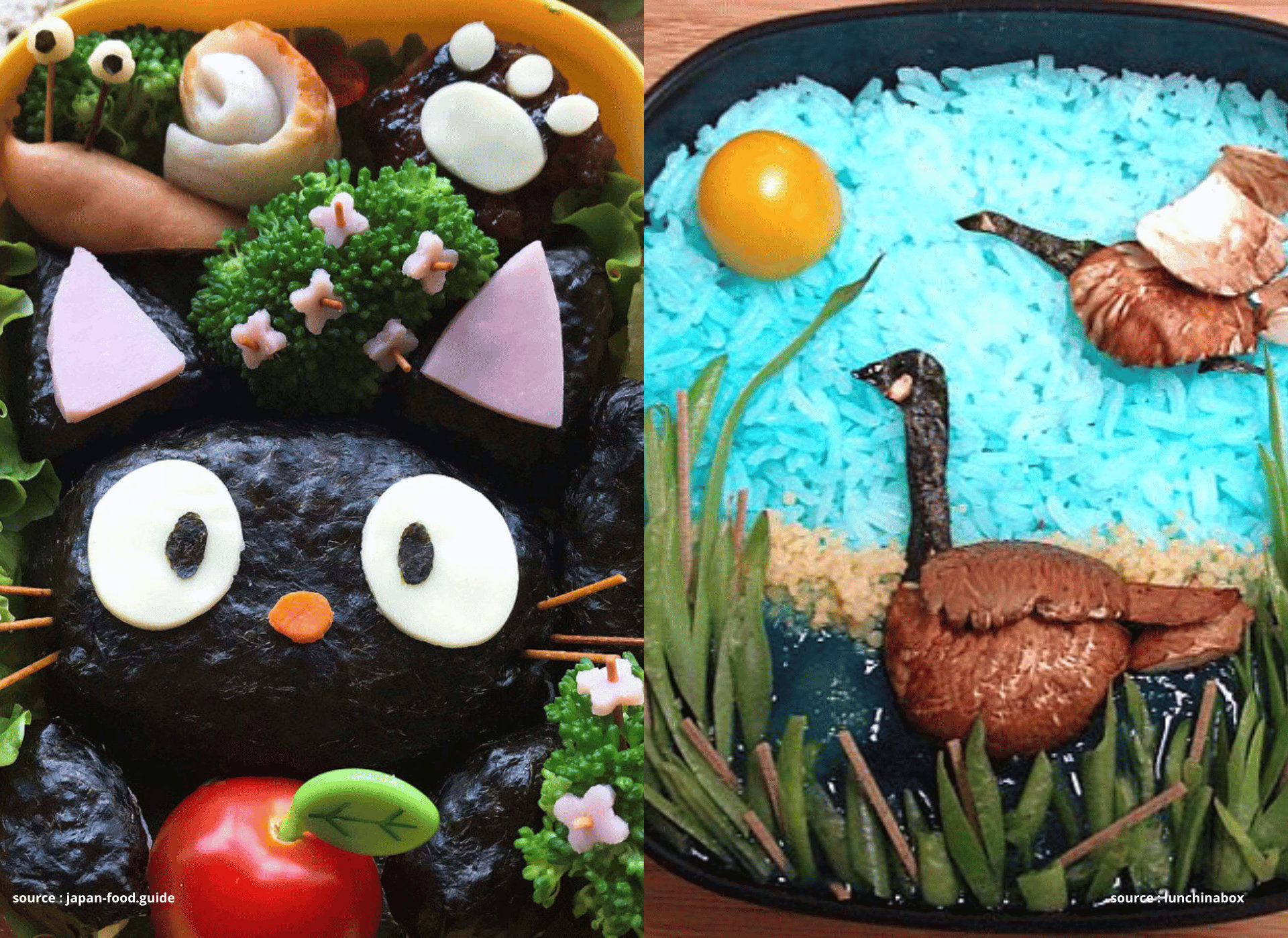 bento kyaraben &agrave; gauche &agrave; l&rsquo;image du chat Jiji et un bento Oekaki &agrave; droite repr&eacute;sentant deux oies.