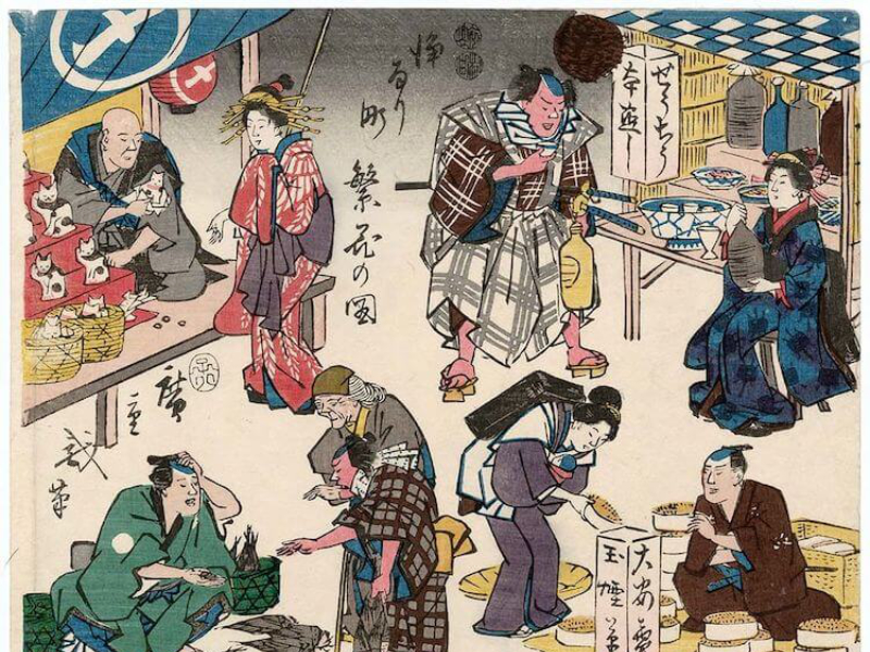 Maneki Neko - Gravure sur bois de style ukiyo-e d'Utagawa Hiroshige de la série Jôruri-machi hanka no zu, 1852. Photo : Wikimedia Commons