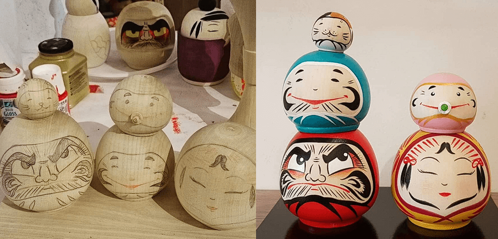 La famille daruma réalisée par Patrick Kokeshi lauréate du prix de la banque lors du 61e concours national de Kokeshi au Japon — Photo par Patrick Kokeshi