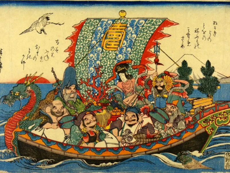 15 porte-bonheurs japonais pour attirer la chance - Estampe traditionnelle représentant les 7 dieux de la chance, les shichifukujin sur leur takarabune - image libre de droit