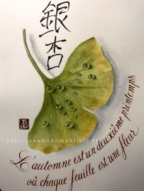 La calligraphie japonaise — feuille de Ginkgo Biloba & vers d’Albert Camus — source Vincentjmfr sur Instagram