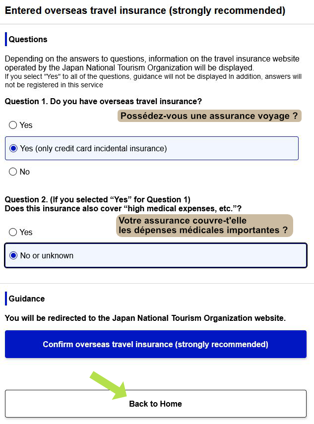 enregistrer un voyage sur Visit Japan Web : déclaration d'assurance