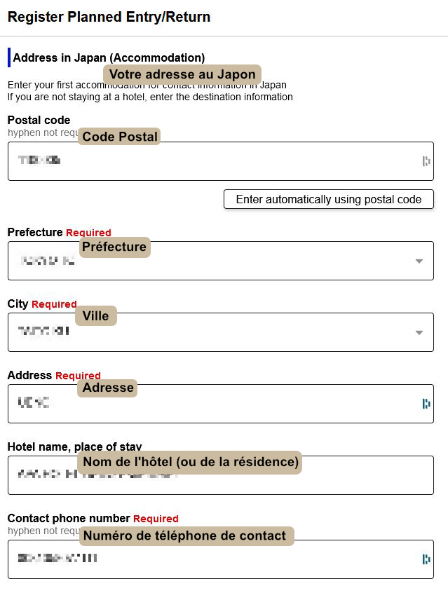 Enregistrement d'un voyage sur Visit Japan Web : l'adresse de résidence