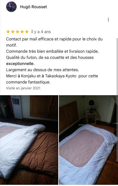 Avis Google d'un client concernant les futons traditionnels japonais proposés par Konjaku