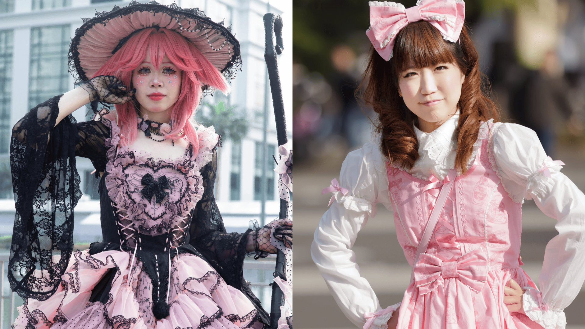 Deux japonaises kawaii habillées à la façon Harajuku : une lolita gothique et une lolita plus girly