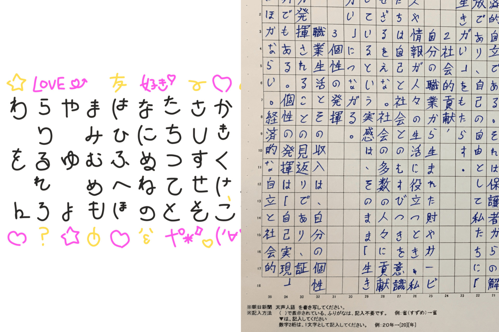Ecriture kawaii marumoji (source mojeum à gauche) à gauche et écriture plus traditionnelle à droite