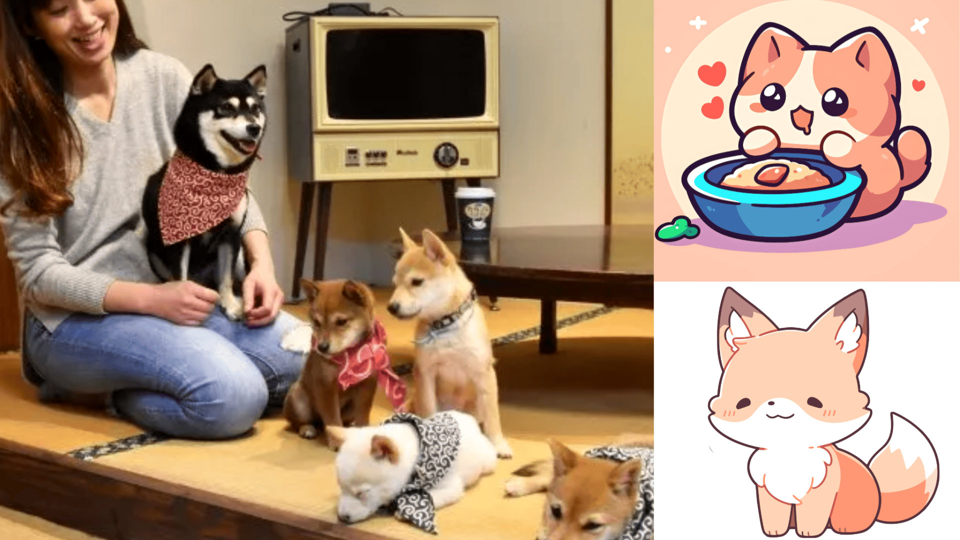 A gauche image d’un bar à chien japonais - source Nautiljon et à droite deux mascottes kawaii, un chat et un renard