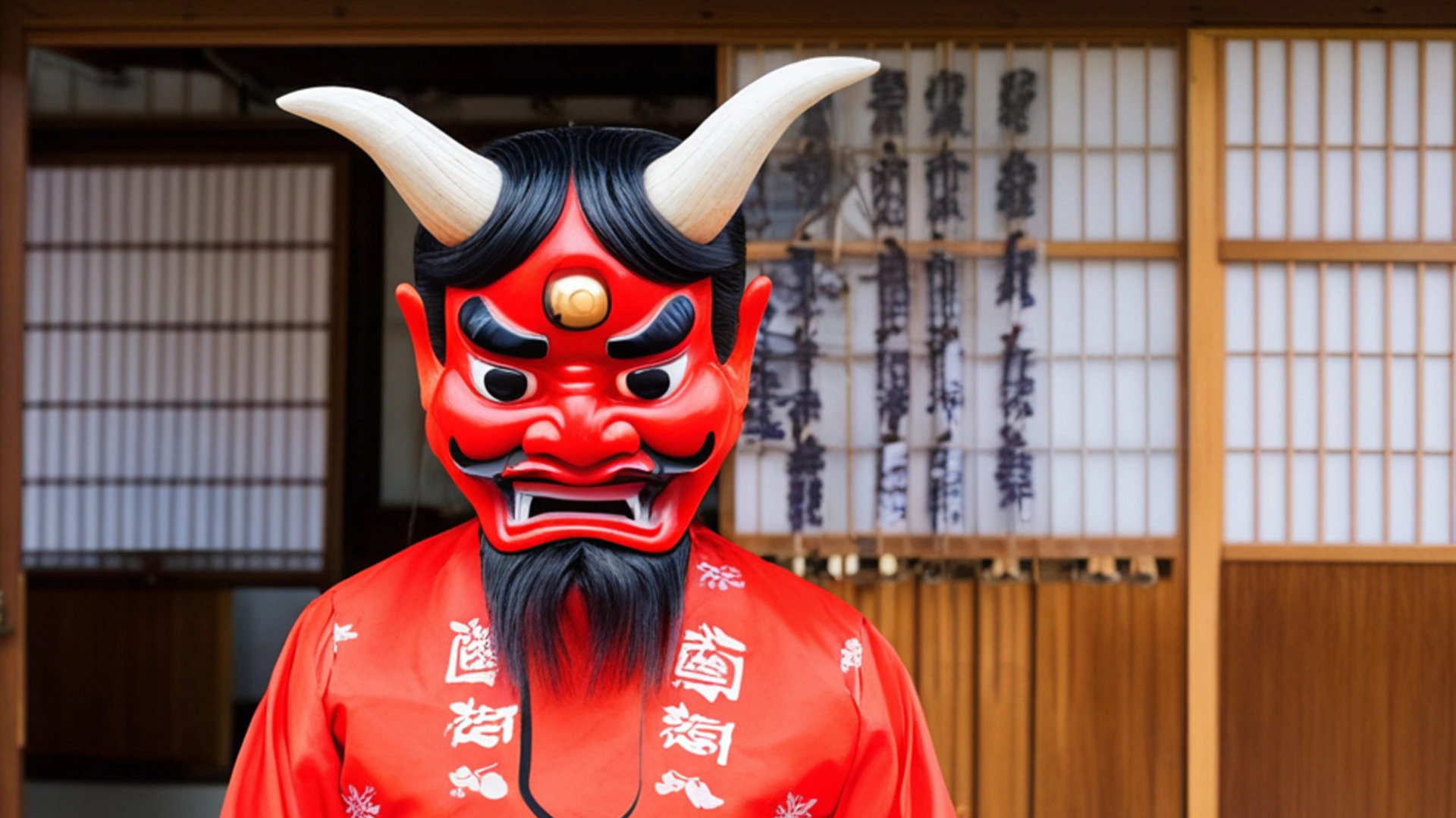 Japonais portant un masque de Oni devant une maison traditionnelle japonaise