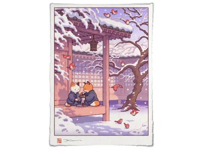 Estampe ukiyo-e "Chat et Renard - Un thé sous la neige"