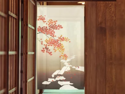 Noren "Chemin d'Automne sous les Momiji"