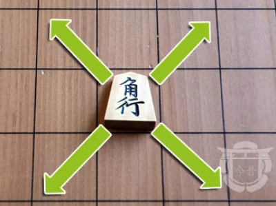 Pièce de shogi en bois sur un plateau en bois, ici le fou, avec son déplacement indiqué par un symbole vert