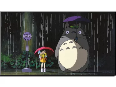 Tableau bois Ghibli - Totoro à l'arrêt de bus