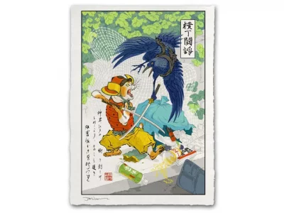 Estampe ukiyo-e "Chat contre Corbeau"
