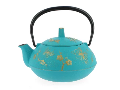 Théière japonaise fonte papillons & sakura turquoise et or 600ml