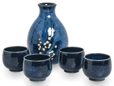 Service à saké indigo (tokuri + 4 tasses)