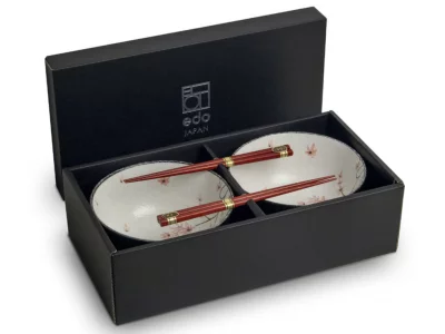 Coffret 2 bols udon déco fleurs érables rose + baguettes