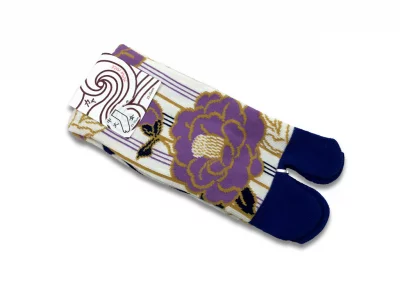 Chaussettes tabi pivoines mauves et rayures 23-25cm