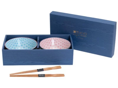 Set de 2 bols à riz "asanoha" rose & bleu avec baguettes