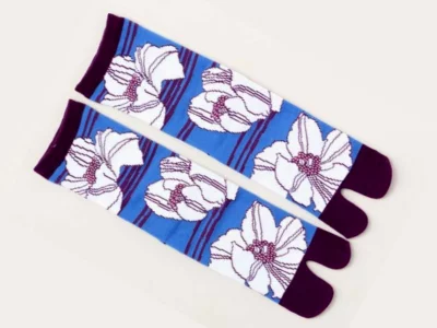 Chaussettes tabi Fleurs blanches sur fond bleu 23-25cm
