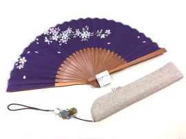 Eventail violet sakura avec pochette
