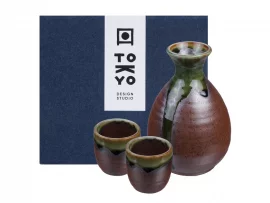 Service à saké oribe vert/brun (tokuri + 2 tasses)