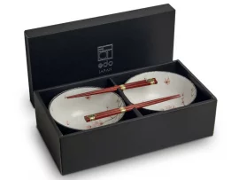 Coffret 2 bols udon déco fleurs érables rose + baguettes