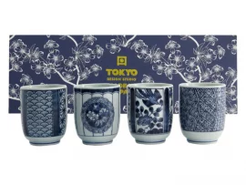 Coffret 4 tasses à thé motifs traditionnels fond bleu