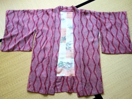 Haori en soie seconde main - shibori rose lignes brisées