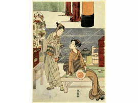 Estampe japonaise "Kasamori Osen et le vendeur d'uchiwa" de Harunobu Suzuki