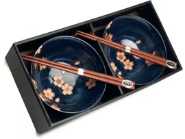 Paire de bols à riz sakura rose fond bleu indigo avec baguettes